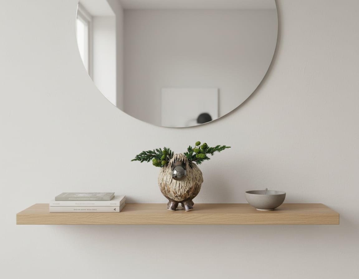 Brunmeleret keramisk rensdyr med naturgrene – 18 cm