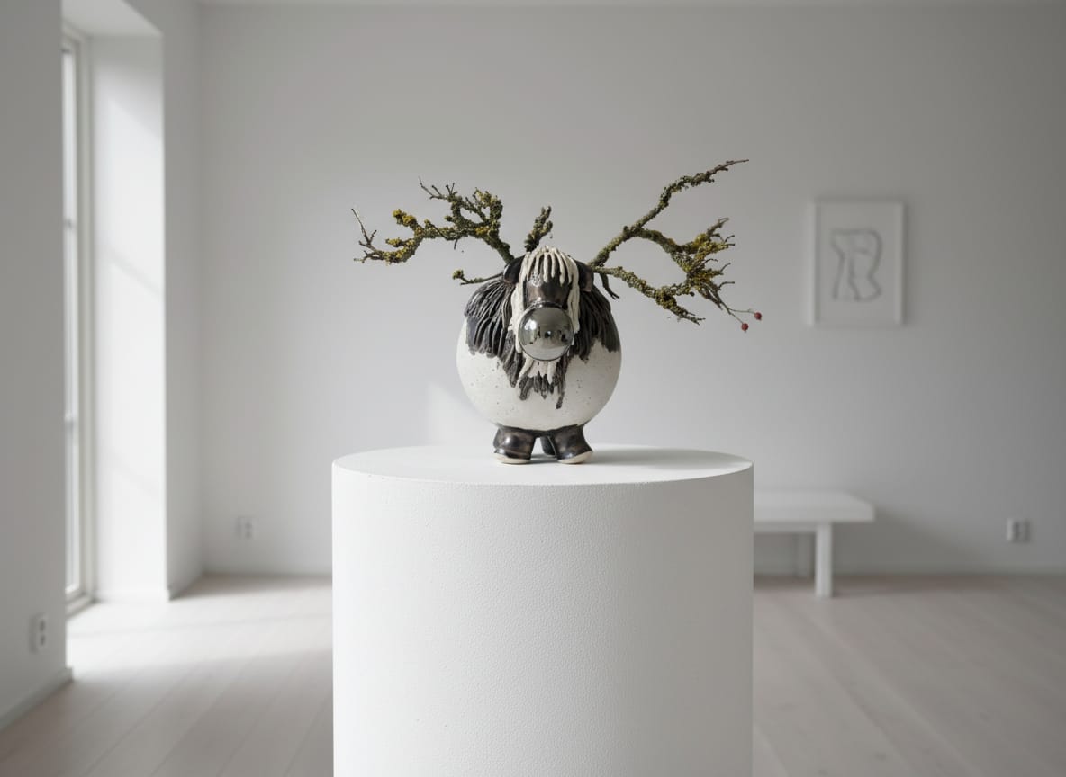 Hvidt keramisk rensdyr med naturgrene – 18 cm